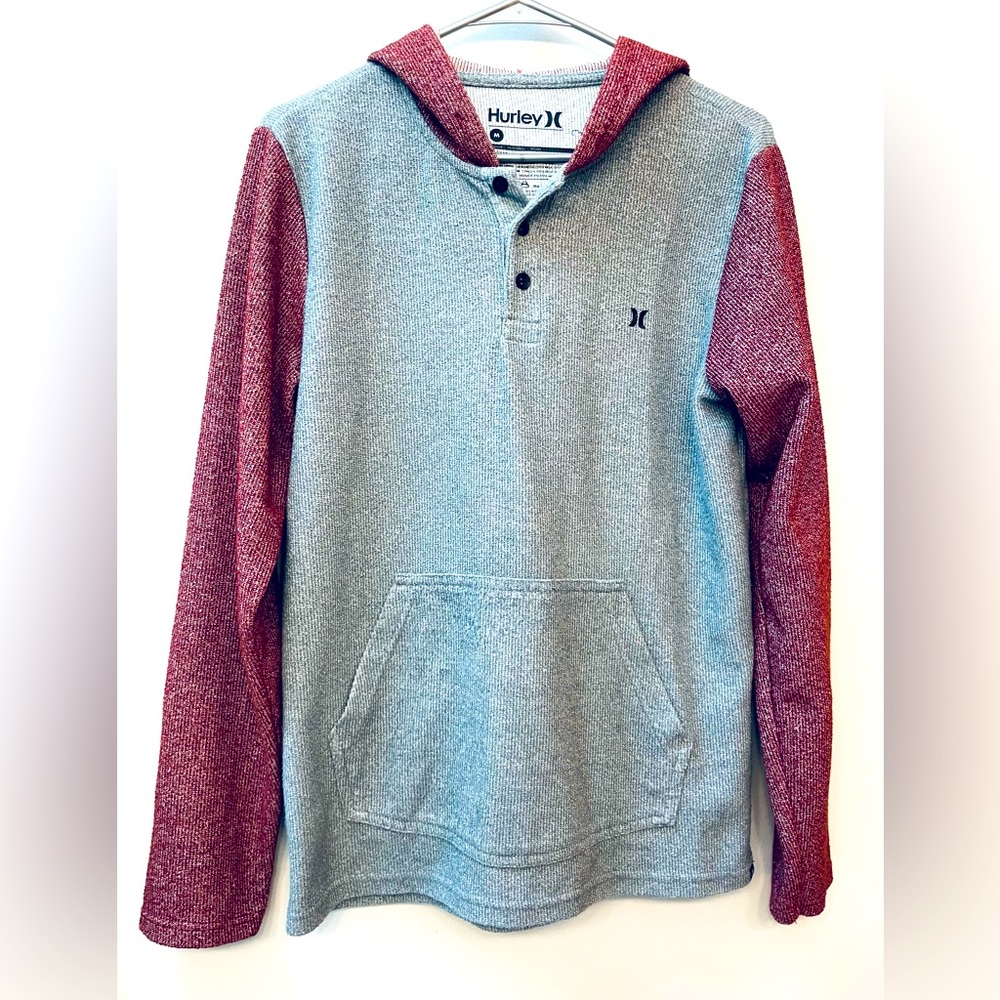 HURLEY Long-Sleeve Henley Hoodie Shirt Red Gray Surf Men’s Sz Medium #5